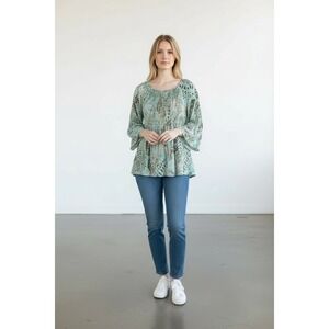 Sunny Leigh Aqua Brown Paisley‎ Boho Peasant Blouse Bell Sleeve Smocked Large